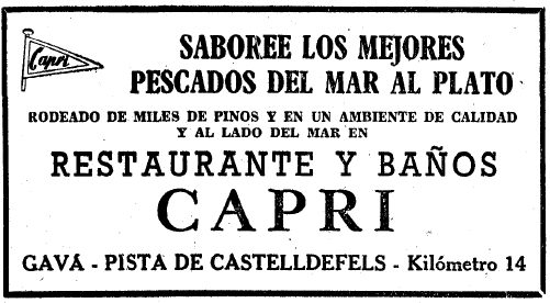 Anuncio del restaurante-balneario Capri de Gav Mar publicado en el diario La Vanguardia el 26 de marzo de 1959
